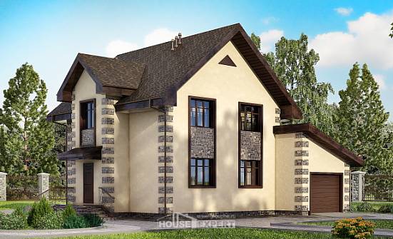 160-004-П Проект двухэтажного дома и гаражом, скромный дом из поризованных блоков Омск | Проекты домов от House Expert