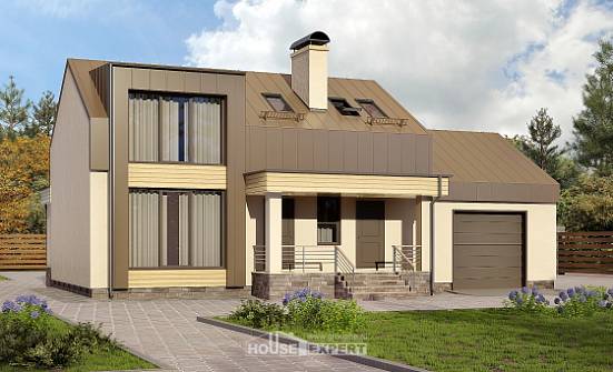 150-015-Л Проект двухэтажного дома мансардой, гараж, бюджетный домик из пеноблока Омск | Проекты домов от House Expert